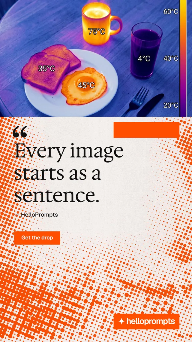 Instagram story for HelloPrompts: "The sentence behind the image." Swiss style, quote layout, light palette in purple, red, orange.