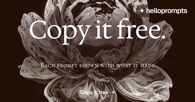Social ad for HelloPrompts: "Copy it free." Editorial style, smallcaps layout, dark palette in grey, black, orange.