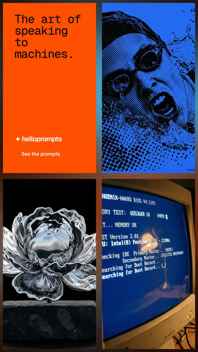 Instagram story for HelloPrompts: "The art of speaking to machines." Swiss style, collage layout, dark palette in orange, blue, black.