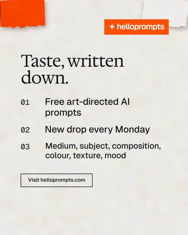 Instagram portrait post for HelloPrompts: "Taste, written down." Editorial style, numbered layout, light palette in orange.