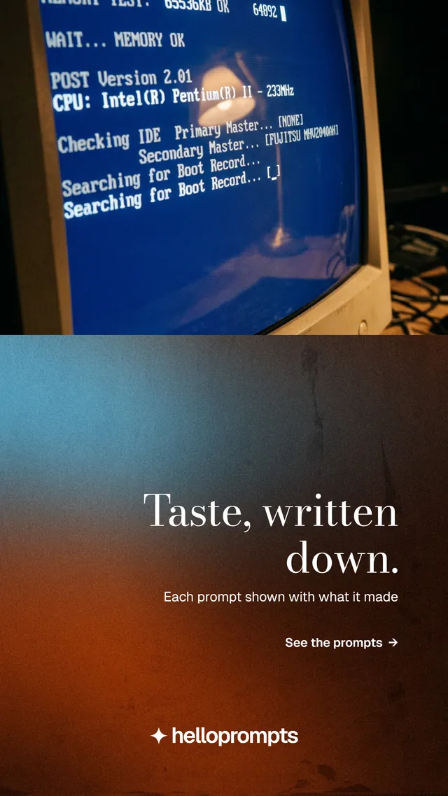 Instagram story for HelloPrompts: "Taste, written down." Minimal luxury style, right layout, dark palette in orange, blue, black.