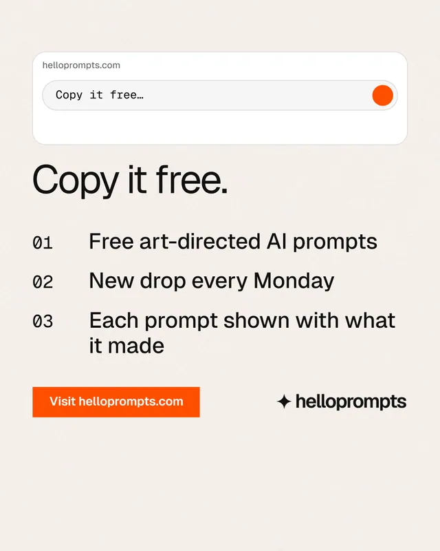 Instagram portrait post for HelloPrompts: "Copy it free." Swiss style, numbered layout, light palette in white, orange.