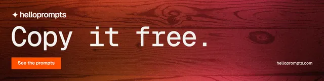 LinkedIn banner for HelloPrompts: "Copy it free." Swiss style, poster layout, dark palette in red.