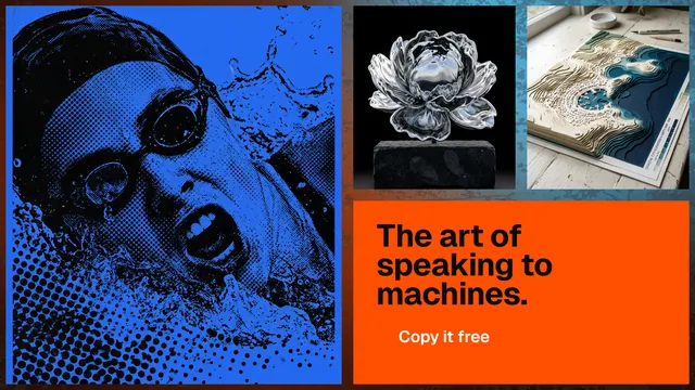 Landscape graphic for HelloPrompts: "The art of speaking to machines." Swiss style, collage layout, dark palette in blue, black, red.