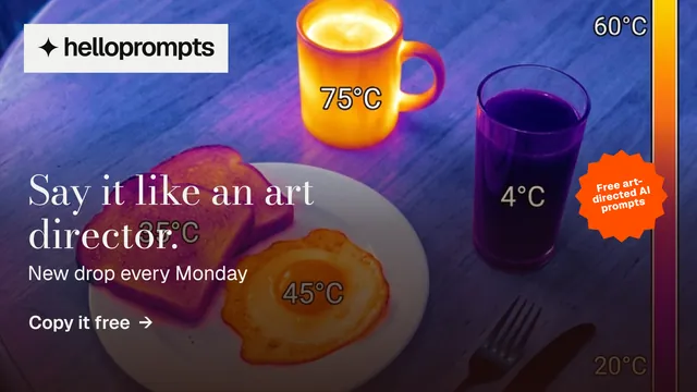 Landscape graphic for HelloPrompts: "Say it like an art director." Minimal luxury style, sticker layout, dark palette in purple, blue, pink.