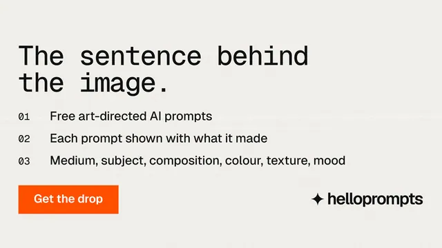 Landscape graphic for HelloPrompts: "The sentence behind the image." Swiss style, numbered layout, light palette in white, orange.