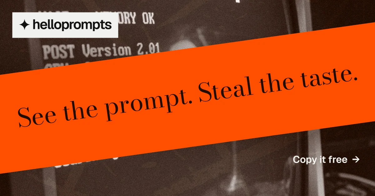 Social ad for HelloPrompts: "See the prompt. Steal the taste." Minimal luxury style, diagonal layout, dark palette in orange.