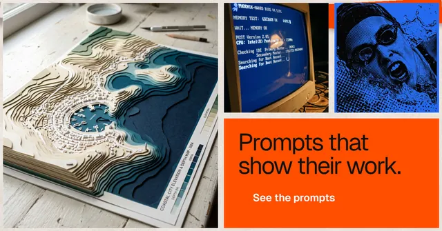 Social ad for HelloPrompts: "Prompts that show their work." Swiss style, collage layout, light palette in blue, orange, grey.