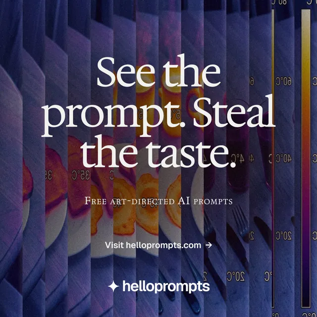 Instagram post for HelloPrompts: "See the prompt. Steal the taste." Agentic glass style, smallcaps layout, dark palette in blue, purple, grey.