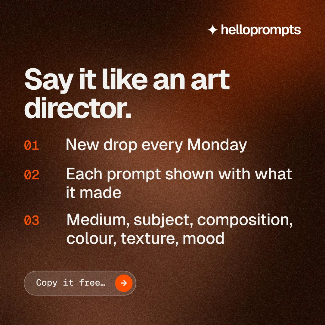 Instagram post for HelloPrompts: "Say it like an art director." Agentic glass style, numbered layout, dark palette in orange, black.