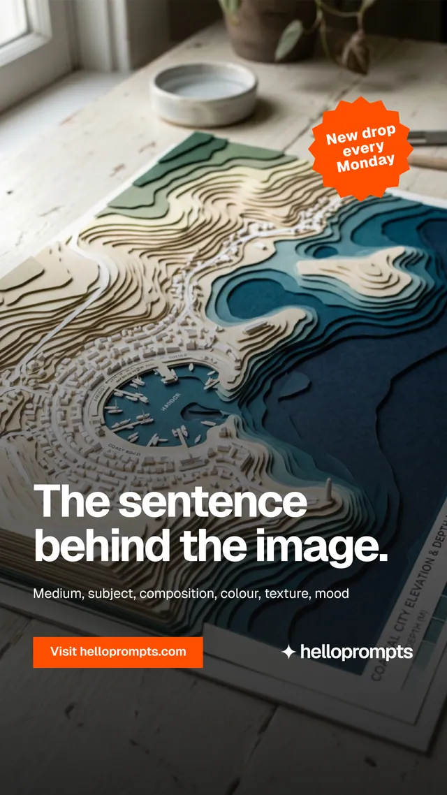 Instagram story for HelloPrompts: "The sentence behind the image." Swiss style, sticker layout, dark palette in grey, black, blue.