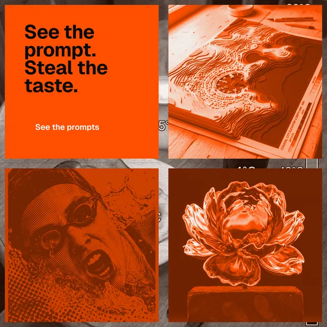 Instagram post for HelloPrompts: "See the prompt. Steal the taste." Swiss style, collage layout, dark palette in orange, brown.