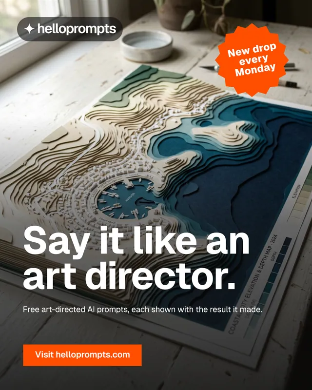Instagram portrait post for HelloPrompts: "Say it like an art director." Swiss style, sticker layout, dark palette in black, grey, orange.