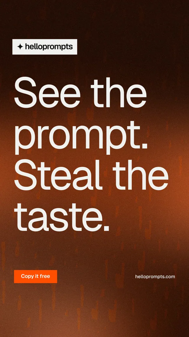 Instagram story for HelloPrompts: "See the prompt. Steal the taste." Swiss style, poster layout, dark palette in black, orange, brown.