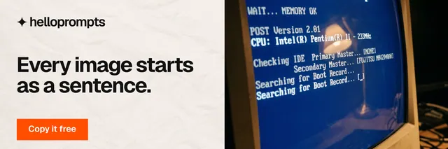 X header for HelloPrompts: "Every image starts as a sentence." Swiss style, bottom layout, light palette in blue, white, grey.