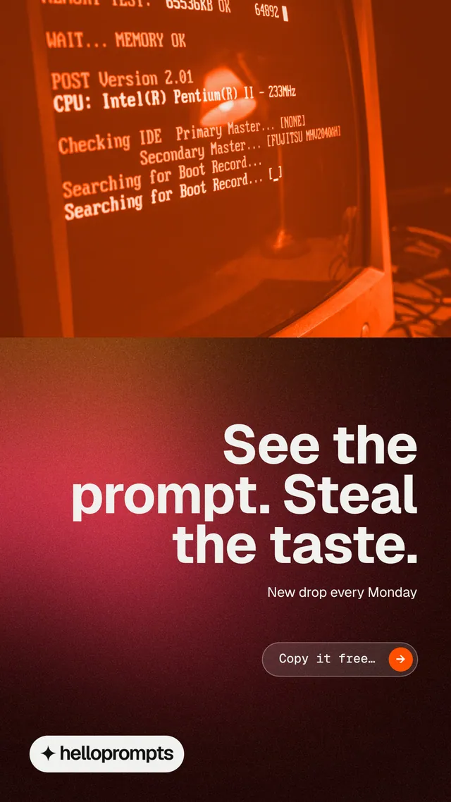 Instagram story for HelloPrompts: "See the prompt. Steal the taste." Agentic glass style, right layout, dark palette in black, red.