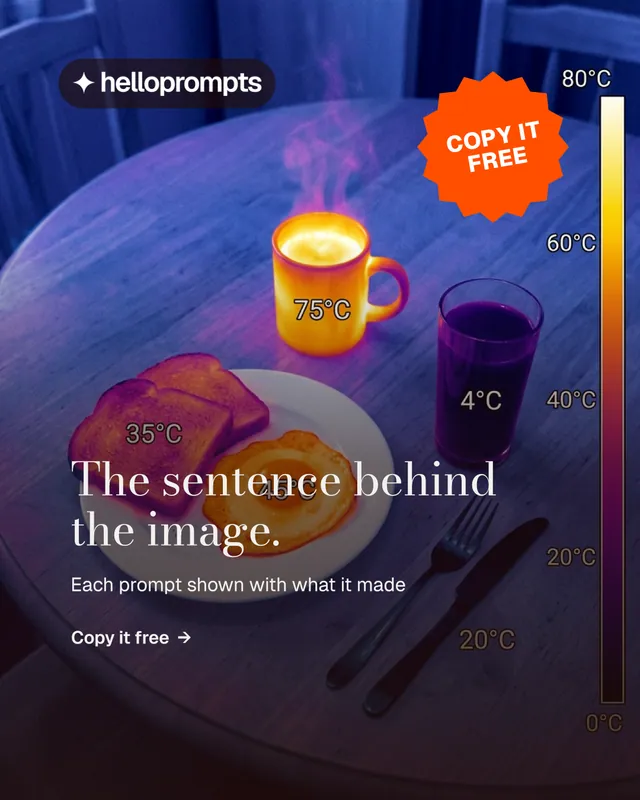 Instagram portrait post for HelloPrompts: "The sentence behind the image." Minimal luxury style, sticker layout, dark palette in blue, purple, grey.