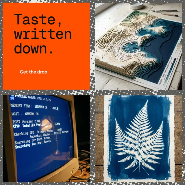 Instagram post for HelloPrompts: "Taste, written down." Swiss style, collage layout, dark palette in blue, grey, orange.