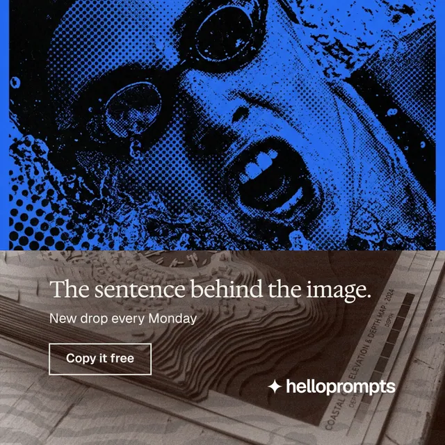 Instagram post for HelloPrompts: "The sentence behind the image." Editorial style, bottom layout, dark palette in blue, black.