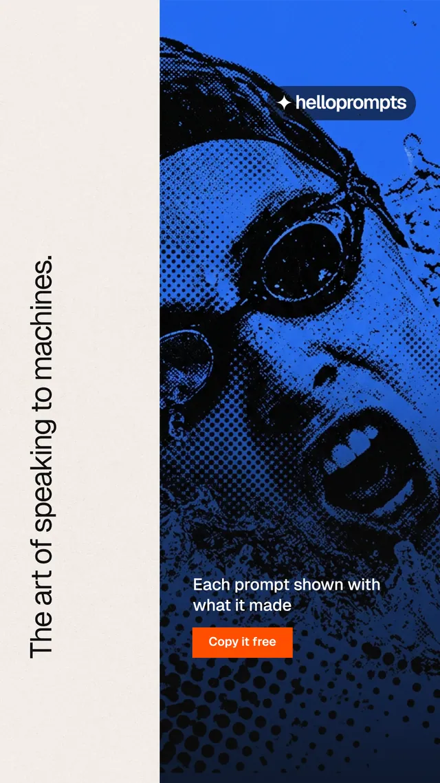 Instagram story for HelloPrompts: "The art of speaking to machines." Swiss style, vertical layout, light palette in black, white, blue.