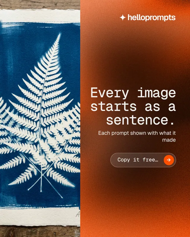 Instagram portrait post for HelloPrompts: "Every image starts as a sentence." Agentic glass style, right layout, dark palette in orange, black, grey.