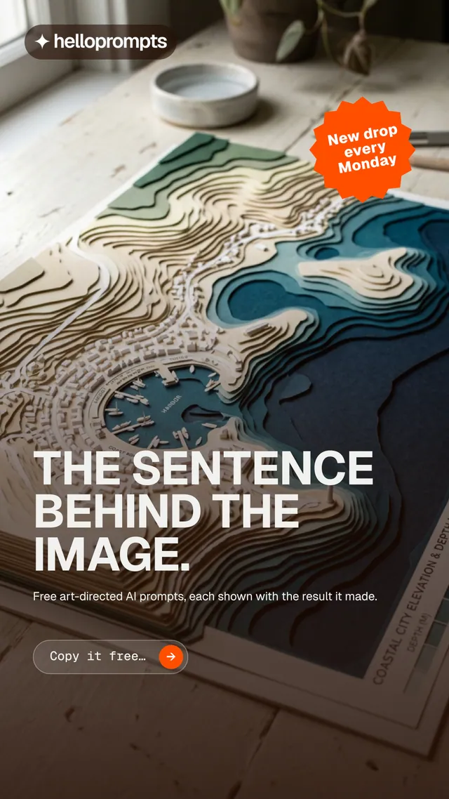 Instagram story for HelloPrompts: "The sentence behind the image." Agentic glass style, sticker layout, dark palette in grey, black, orange.