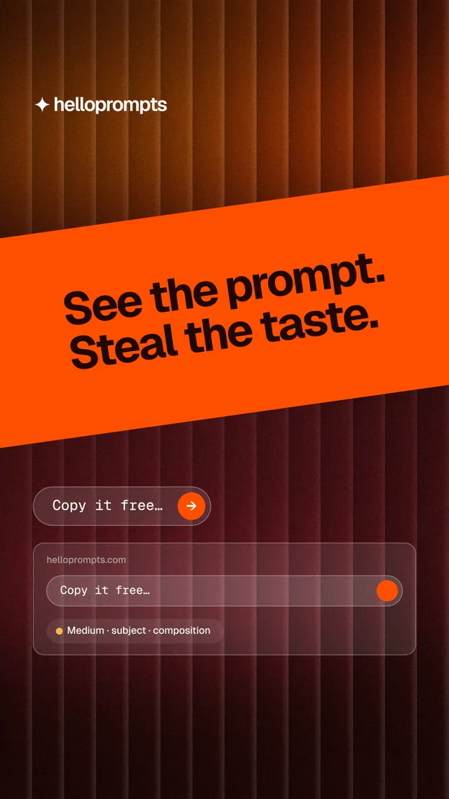 Instagram story for HelloPrompts: "See the prompt. Steal the taste." Agentic glass style, diagonal layout, dark palette in red, orange, black.