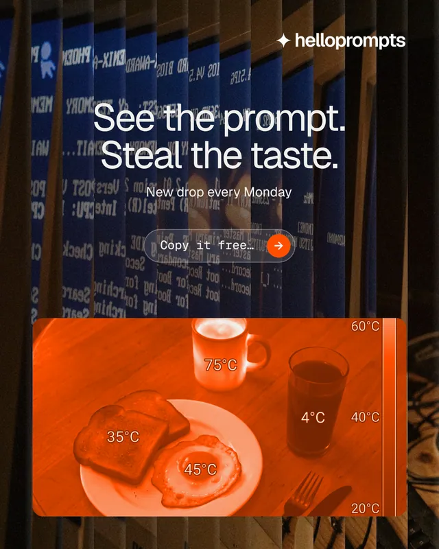 Instagram portrait post for HelloPrompts: "See the prompt. Steal the taste." Agentic glass style, centred layout, dark palette in orange, black.