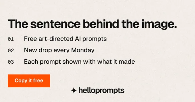 Social ad for HelloPrompts: "The sentence behind the image." Swiss style, numbered layout, light palette in white, orange.