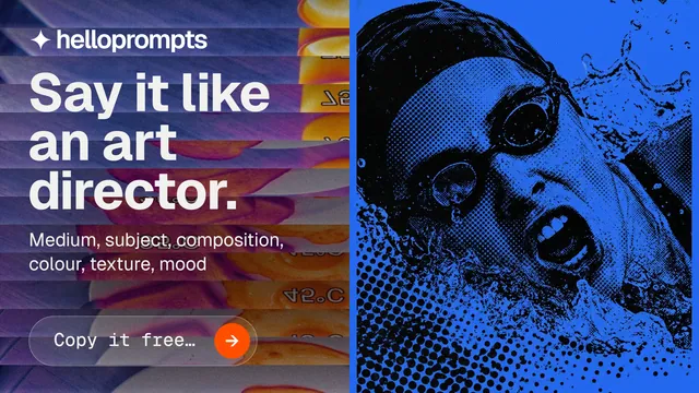 Landscape graphic for HelloPrompts: "Say it like an art director." Agentic glass style, bottom layout, dark palette in blue, purple.