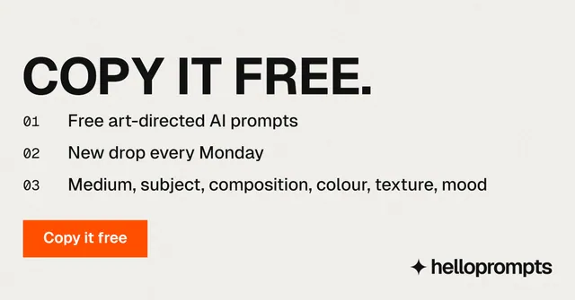 Social ad for HelloPrompts: "Copy it free." Swiss style, numbered layout, light palette in white, grey.