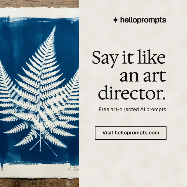 Instagram post for HelloPrompts: "Say it like an art director." Editorial style, right layout, light palette in orange, blue, grey.