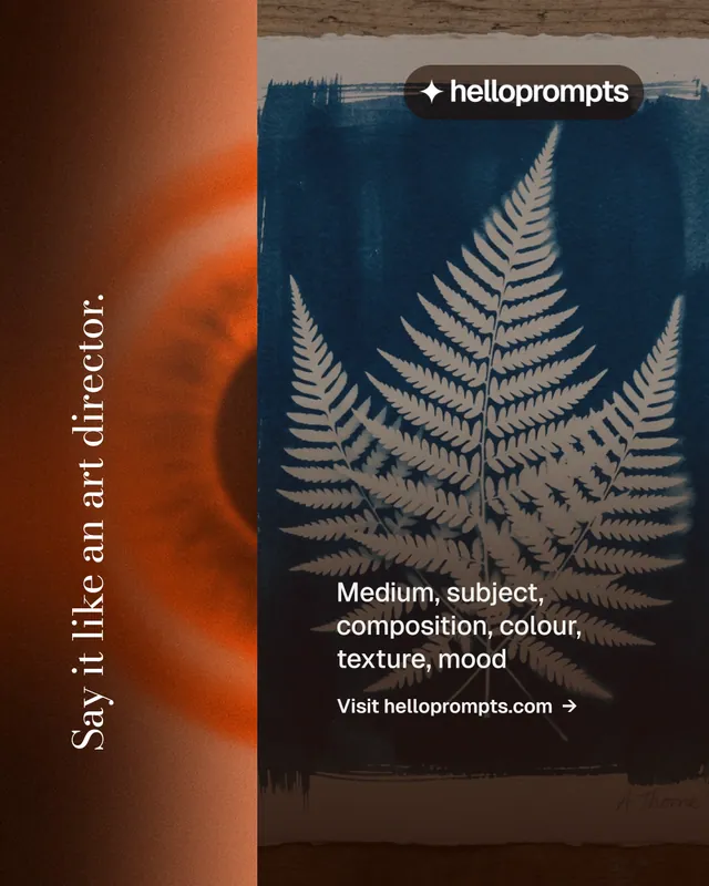 Instagram portrait post for HelloPrompts: "Say it like an art director." Minimal luxury style, vertical layout, dark palette in black, orange, grey.