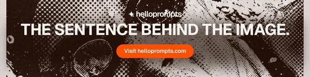 LinkedIn banner for HelloPrompts: "The sentence behind the image." Photo poster style, skeleton layout, dark palette in grey, black, orange.