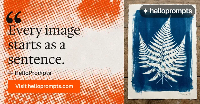 Social ad for HelloPrompts: "Prompts that show their work." Swiss style, quote layout, light palette in orange, red.