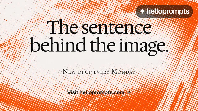 Landscape graphic for HelloPrompts: "The sentence behind the image." Swiss style, smallcaps layout, light palette in orange, white.