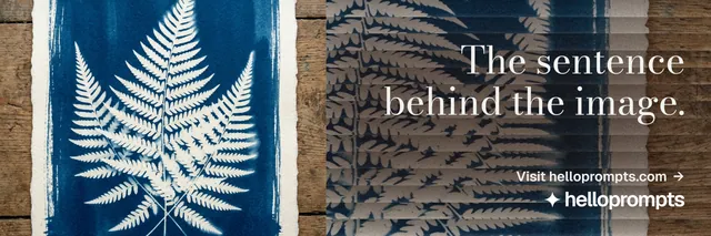 X header for HelloPrompts: "The sentence behind the image." Minimal luxury style, right layout, dark palette in grey, blue.