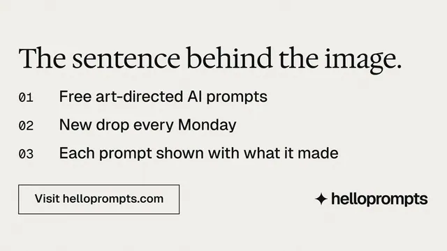 Landscape graphic for HelloPrompts: "The sentence behind the image." Editorial style, numbered layout, light palette in white, grey.