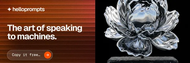 X header for HelloPrompts: "The art of speaking to machines." Agentic glass style, bottom layout, dark palette in orange, black, grey.