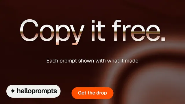 Landscape graphic for HelloPrompts: "Copy it free." Y2K style, centred layout, dark palette in black, orange, red.