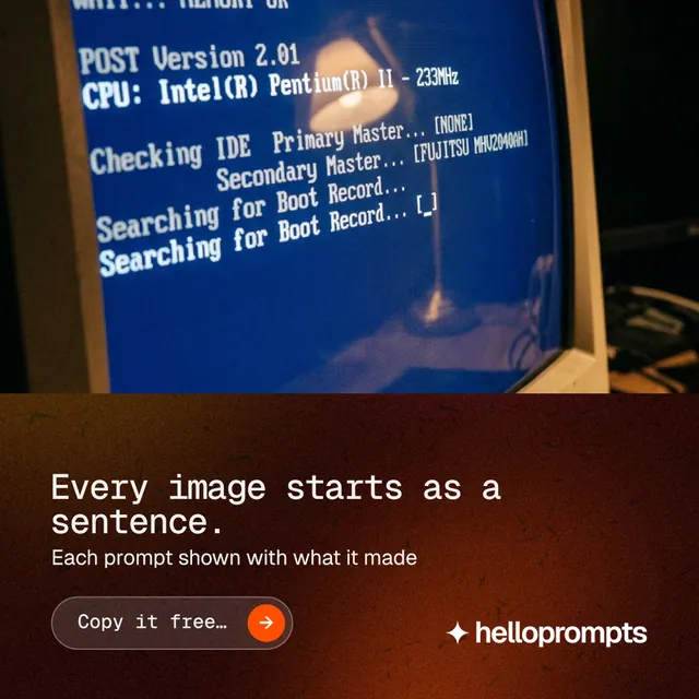 Instagram post for HelloPrompts: "Every image starts as a sentence." Agentic glass style, bottom layout, dark palette in red, blue, grey.