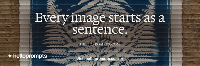 X header for HelloPrompts: "Every image starts as a sentence." Agentic glass style, smallcaps layout, dark palette in grey, blue.