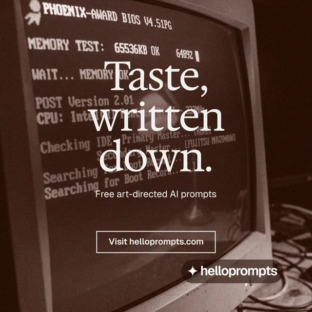 Instagram post for HelloPrompts: "Taste, written down." Editorial style, centred layout, dark palette in orange, grey, red.