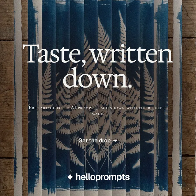 Instagram post for HelloPrompts: "Taste, written down." Agentic glass style, smallcaps layout, dark palette in blue, grey, black.