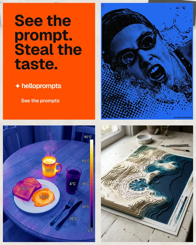 Instagram portrait post for HelloPrompts: "See the prompt. Steal the taste." Swiss style, collage layout, light palette in blue, red, white.