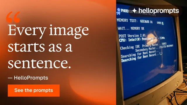 Landscape graphic for HelloPrompts: "Say it like an art director." Swiss style, quote layout, dark palette in orange, blue, brown.