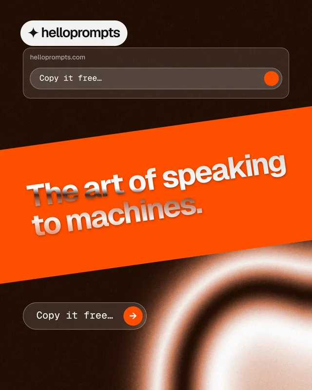 Instagram portrait post for HelloPrompts: "The art of speaking to machines." Agentic glass style, diagonal layout, dark palette in black, orange.