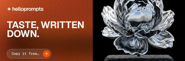 X header for HelloPrompts: "Taste, written down." Agentic glass style, bottom layout, dark palette in orange, black, grey.
