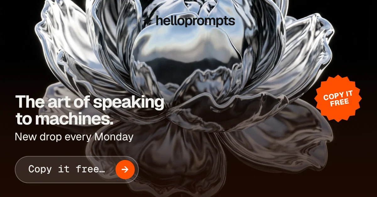 Social ad for HelloPrompts: "The art of speaking to machines." Agentic glass style, sticker layout, dark palette in black, grey, orange.