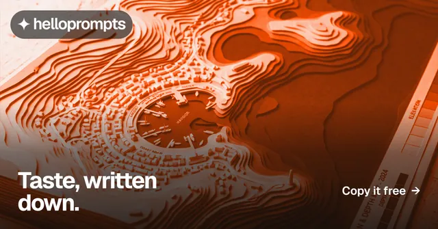 Social ad for HelloPrompts: "Taste, written down." Swiss style, image led layout, dark palette in orange, brown.